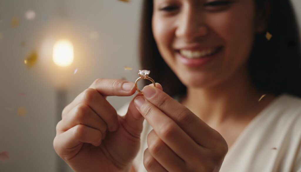 Счастливая девушка держит кольцо с бриллиантом