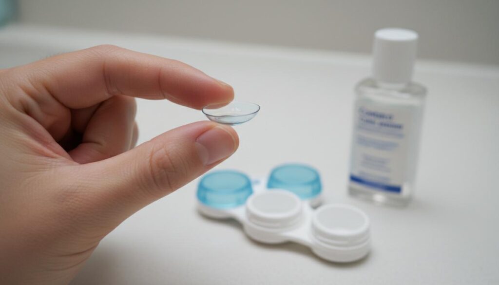 Пальцы аккуратно держат прозрачную жесткую контактную линзу над контейнером и раствором