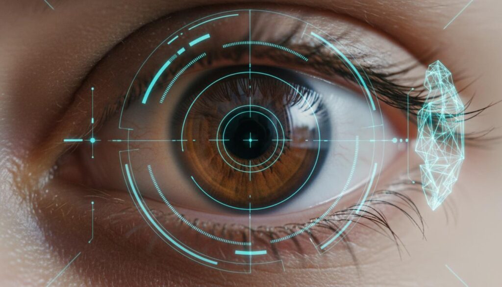 Глаз человека с наложенным графическим интерфейсом и элементами сканирования роговицы