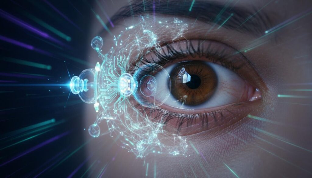 Глаз человека с наложенным цифровым интерфейсом сканирования роговицы и анализа данных.