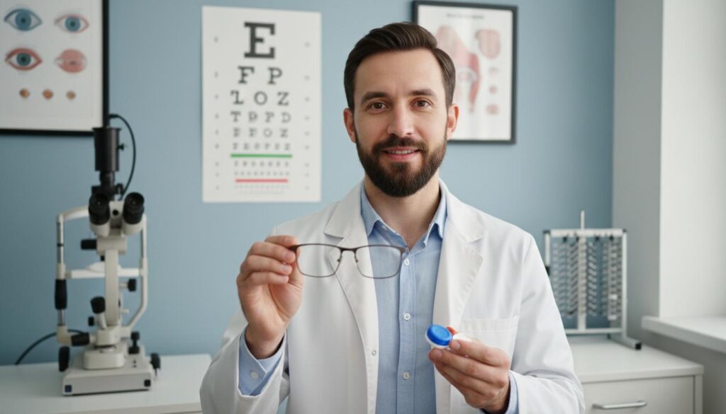 Мужчина офтальмолог держит очки и контейнер для линз