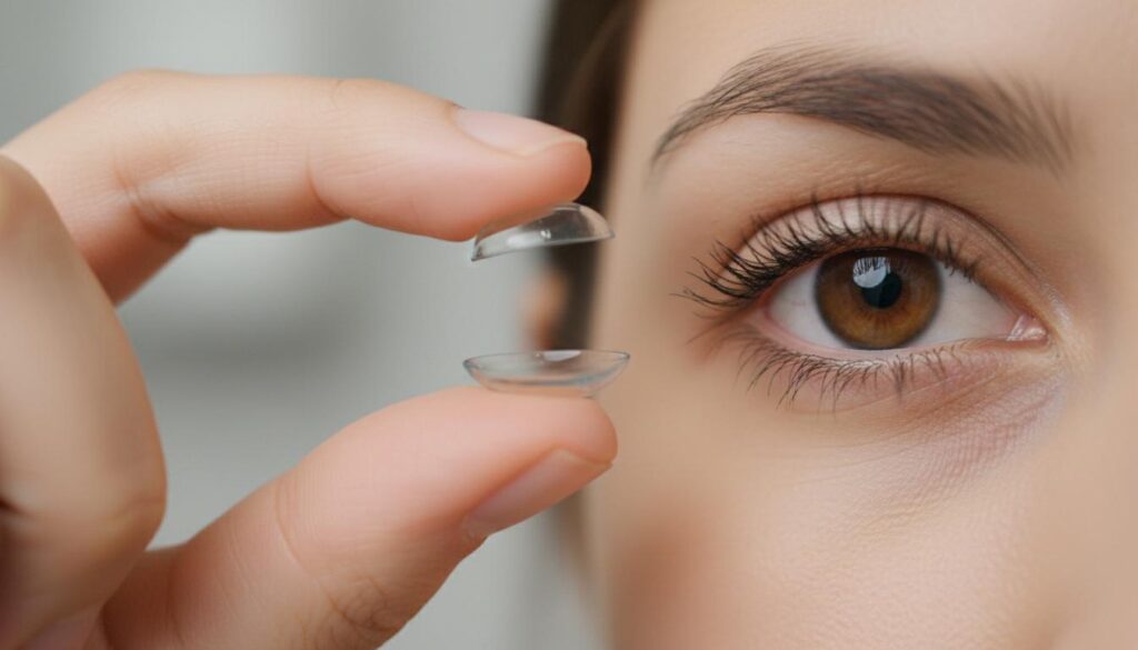 Пальцы аккуратно держат две прозрачные контактные линзы на фоне женского глаза