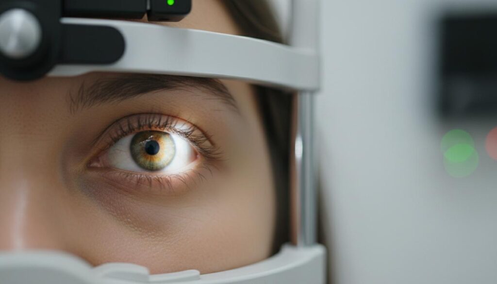 Глаз пациента крупным планом во время обследования на щелевой лампе