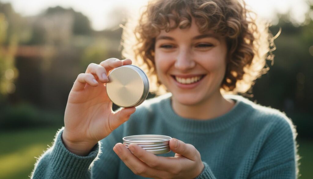 Улыбающаяся девушка держит открытую баночку с косметическим средством