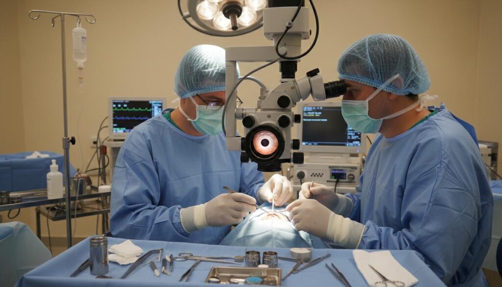 Хирурги проводят офтальмологическую операцию под микроскопом