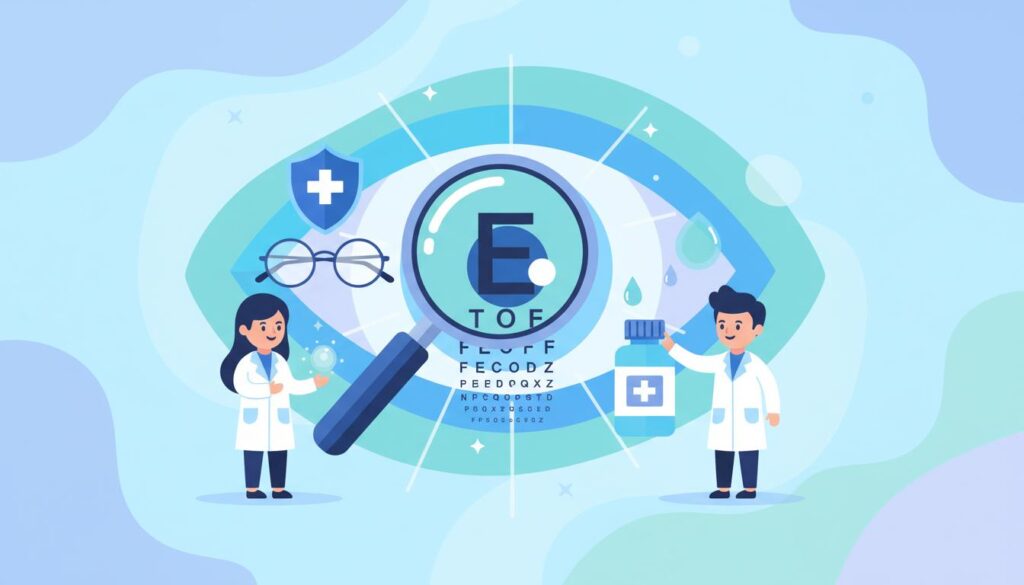 Иллюстрация к статье о классификации дистрофий роговицы: офтальмологи исследуют глаз через лупу рядом с таблицей Сивцева и глазными каплями.