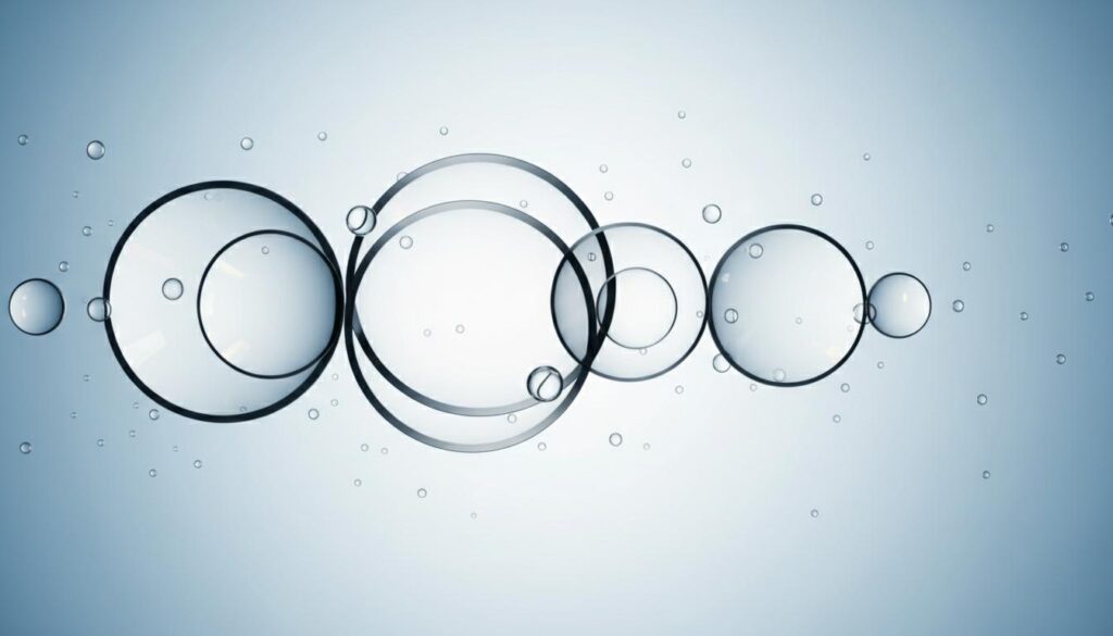 Абстрактная композиция из прозрачных сфер и кругов, напоминающих контактные линзы, на голубом фоне