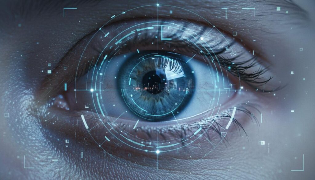 Глаз человека с наложенным цифровым интерфейсом сканирования роговицы и анализа данных