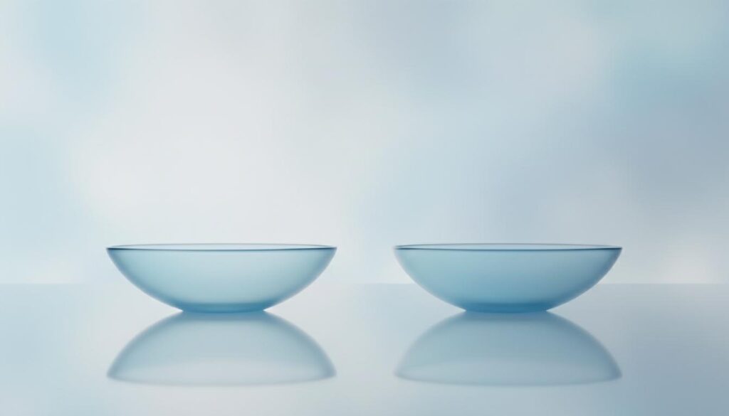 Две мягкие контактные линзы на светлой поверхности, демонстрирующие их прозрачность и форму