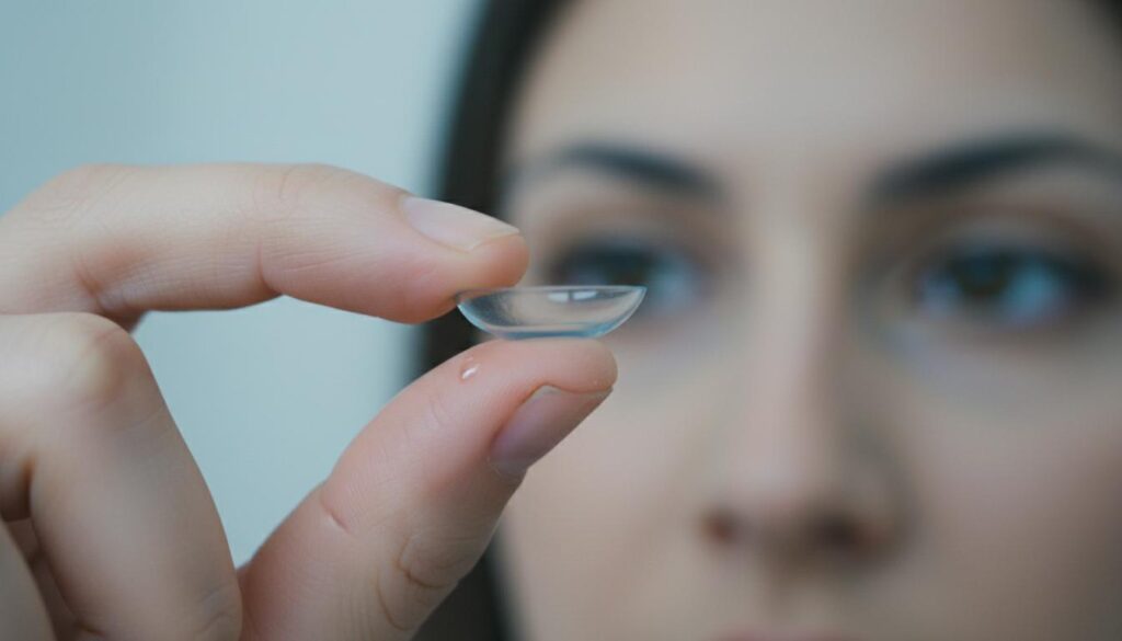 Крупный план пальцев, удерживающих одну прозрачную контактную линзу на фоне размытого лица девушки