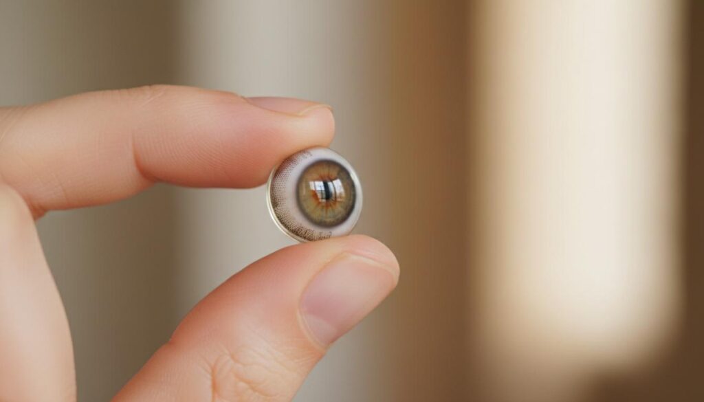 Пальцы удерживают цветную контактную линзу, имитирующую рисунок радужки человеческого глаза