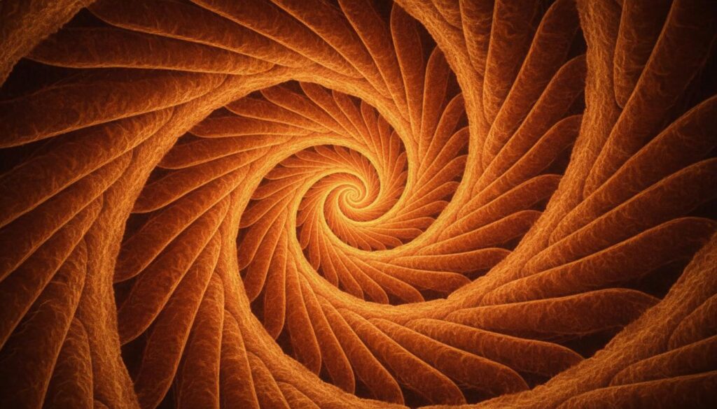 Абстрактная золотистая спираль, напоминающая клеточную структуру или биологический фрактал