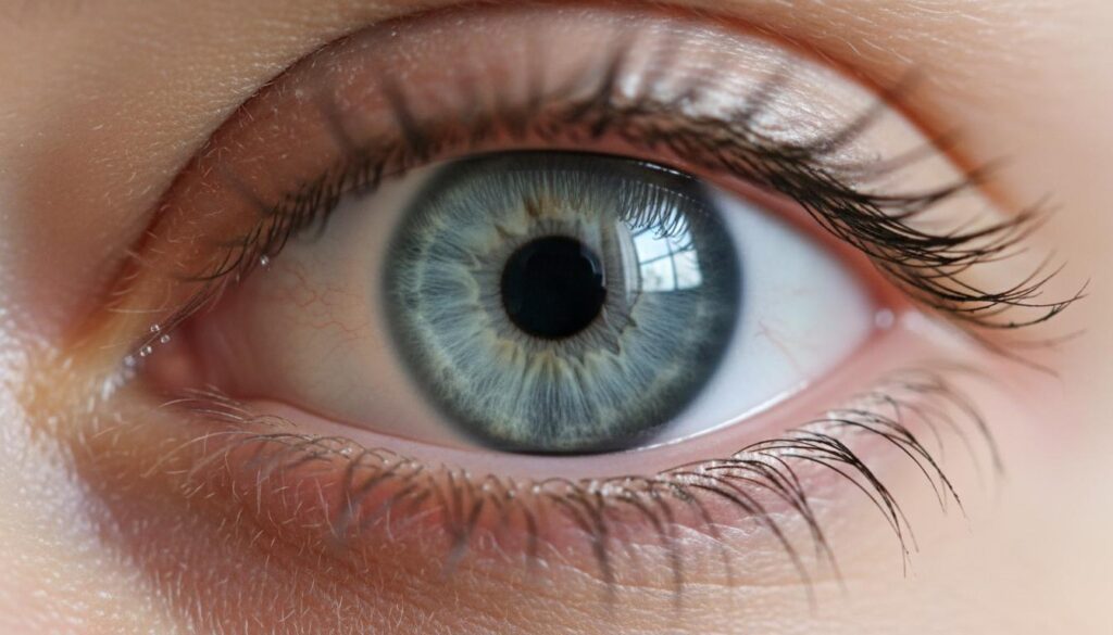 Крупный план здорового человеческого глаза с прозрачной роговицей и детальной структурой радужной оболочки