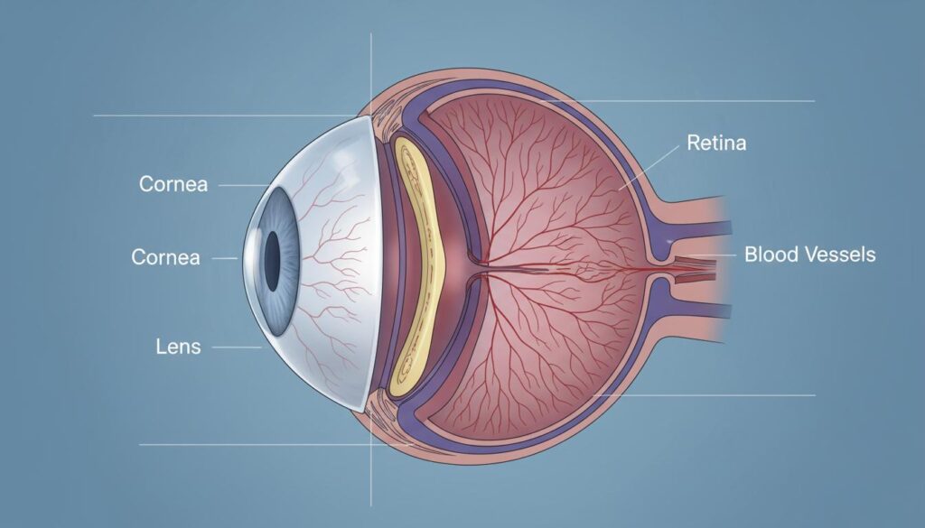 Схематическое изображение строения глаза в разрезе с обозначением роговицы (Cornea), хрусталика (Lens), сетчатки (Retina) и кровеносных сосудов (Blood Vessels)