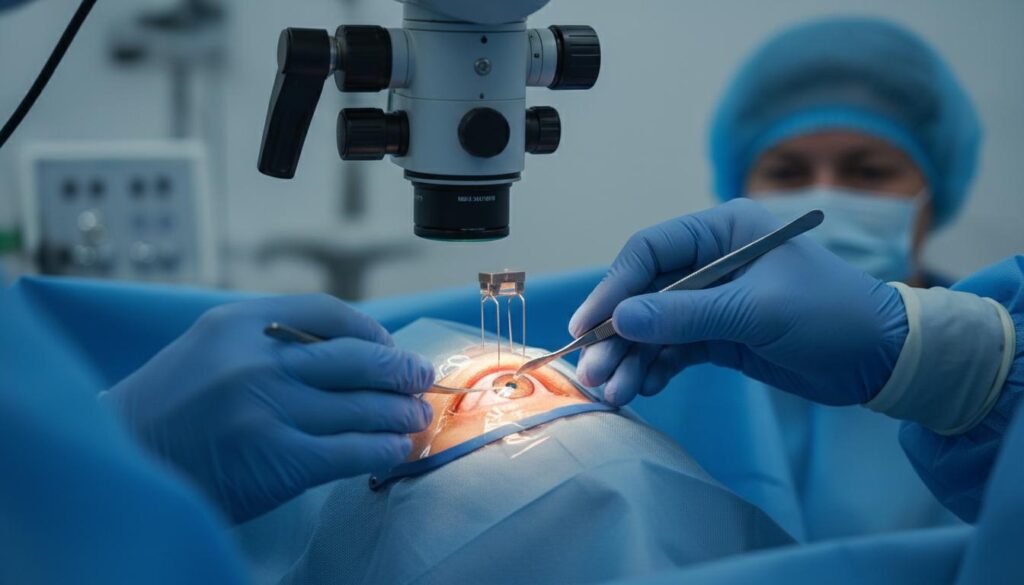 Хирургические инструменты в руках офтальмолога во время операции по имплантации факичной линзы