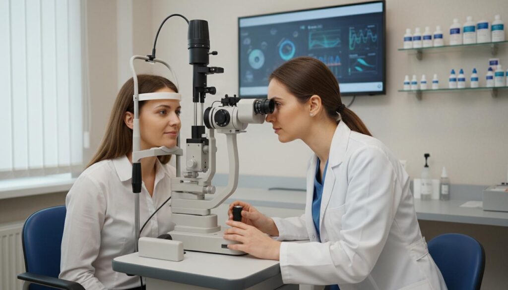 Женщина-врач осматривает пациента на щелевой лампе на фоне монитора с данными обследования