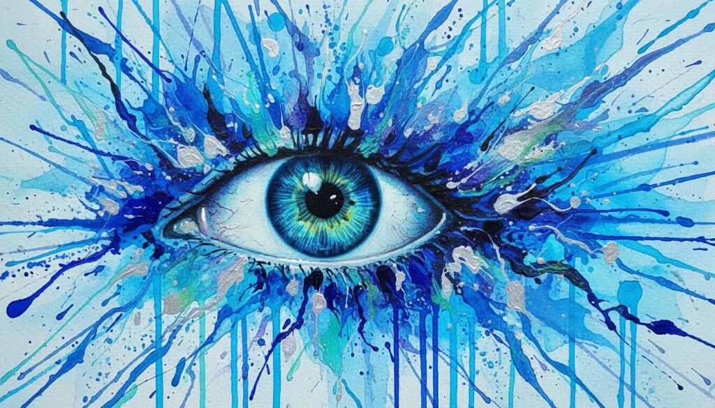 Художественное изображение глаза в стиле абстрактной живописи с брызгами синей краски