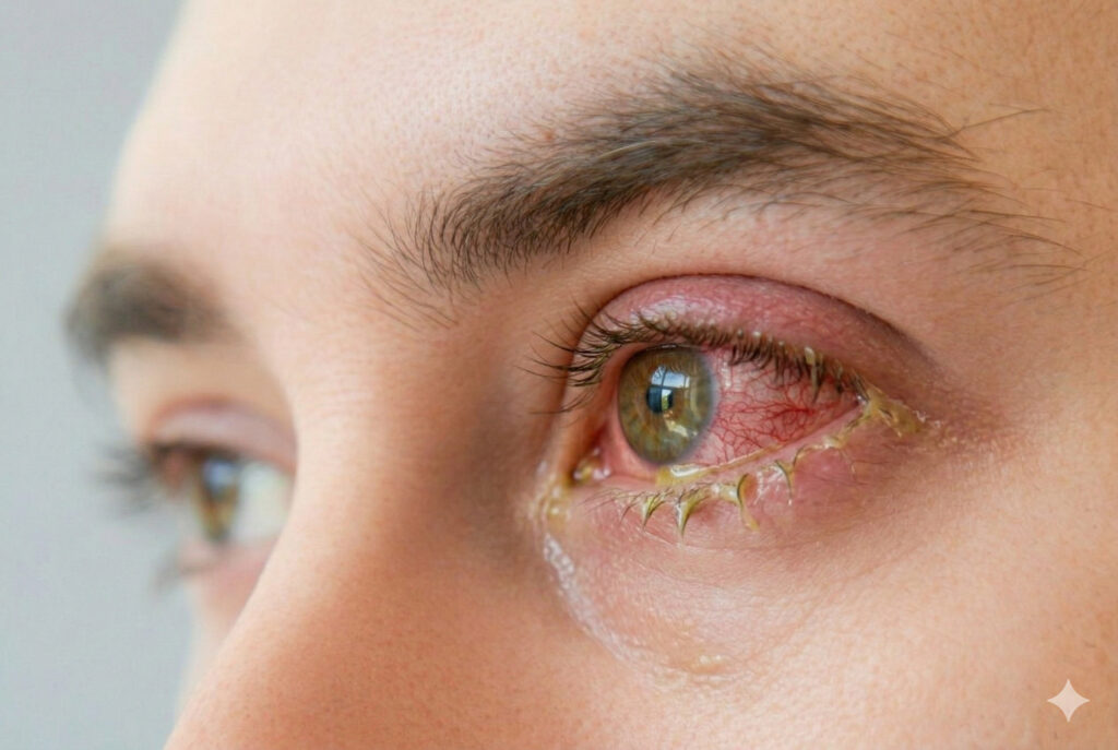 Глаз человека с выраженным покраснением, отеком век и гнойными выделениями при кератите