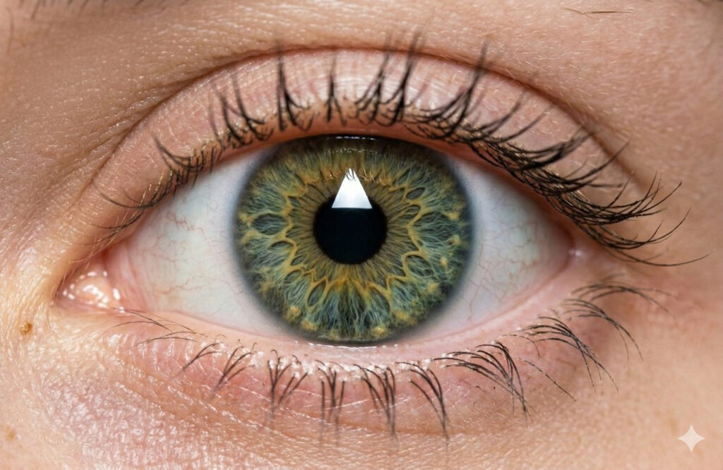 Крупный план здорового человеческого глаза с желто-зеленой радужкой и четким отражением света на зрачке
