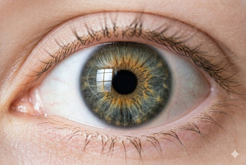 Крупный план здорового человеческого глаза с серо-зеленой радужкой и детальной текстурой роговицы