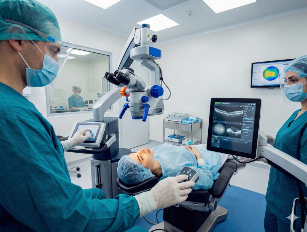 Хирург-офтальмолог настраивает лазерную систему перед проведением процедуры кросслинкинга роговицы пациента