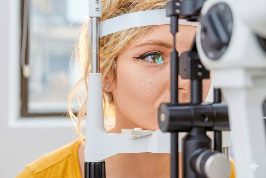 Пациентка крупным планом проходит обследование на офтальмологическом аппарате с фиксацией головы
