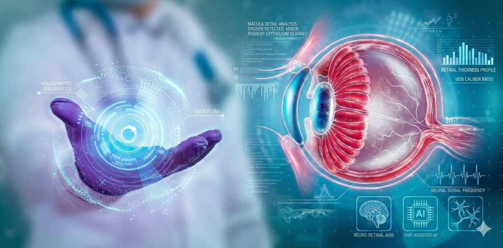 Цифровая 3D-модель строения глаза с обозначением радужки, зрачка и кровеносных сосудов над рукой врача