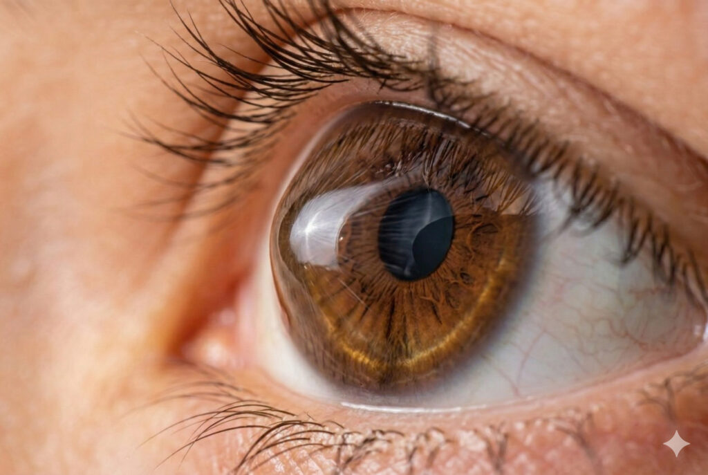 Крупный план глаза с выраженным конусовидным выпячиванием роговицы при кератоконусе