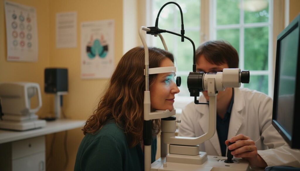 Офтальмолог проводит обследование пациентки на кератотопографе в светлом кабинете