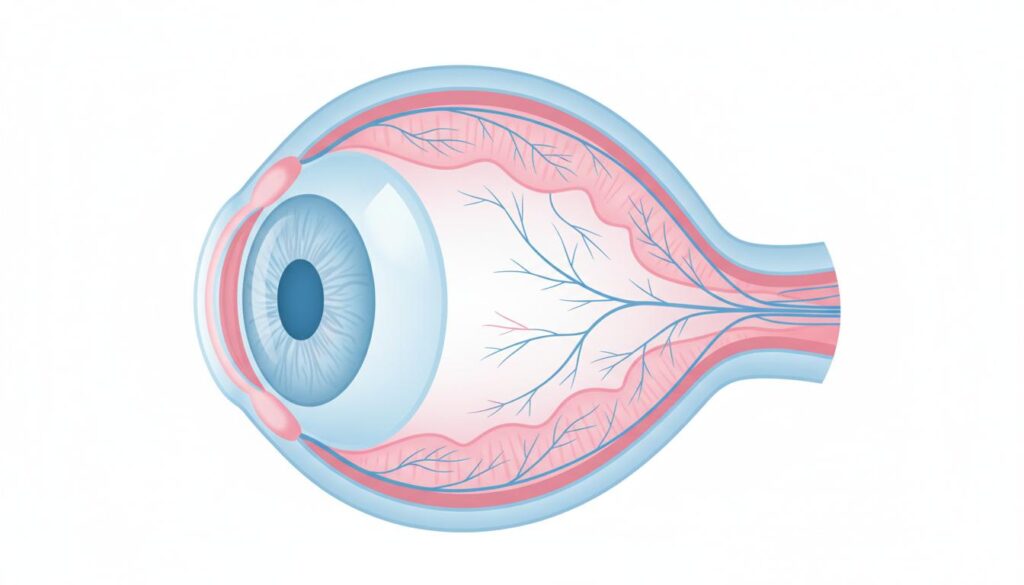 Схематичное изображение строения человеческого глаза в разрезе с обозначением сосудистой системы