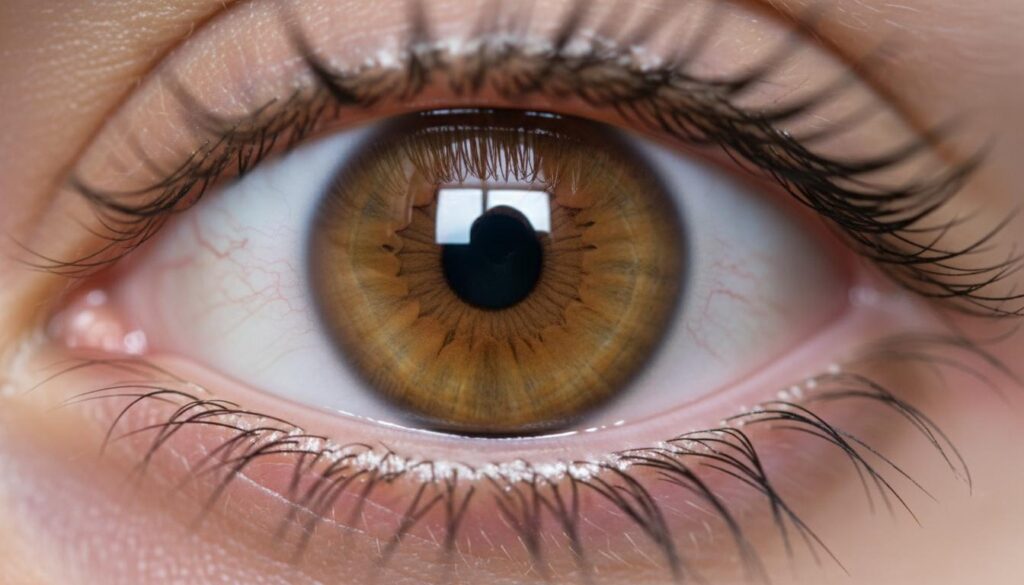 Макрофотография карего глаза с четким фокусом на зрачке и текстуре радужной оболочки