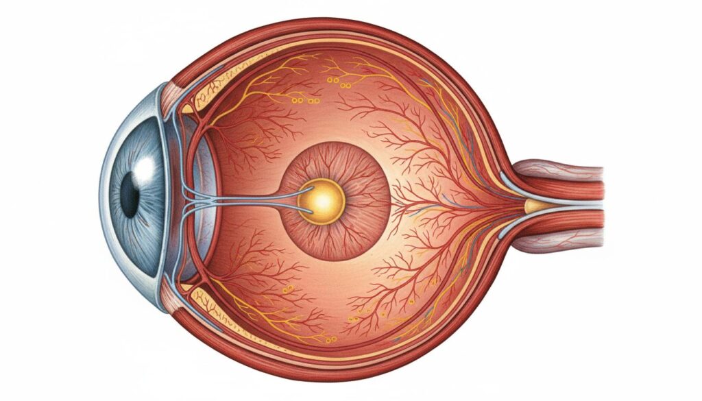 Иллюстрация внутреннего строения глаза с акцентом на кровеносные сосуды сетчатки и зрительный нерв
