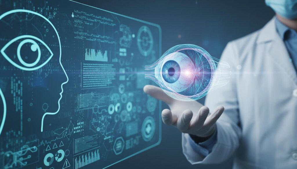 Цифровая 3D-модель человеческого глаза и нейронный интерфейс на фоне врача в маске