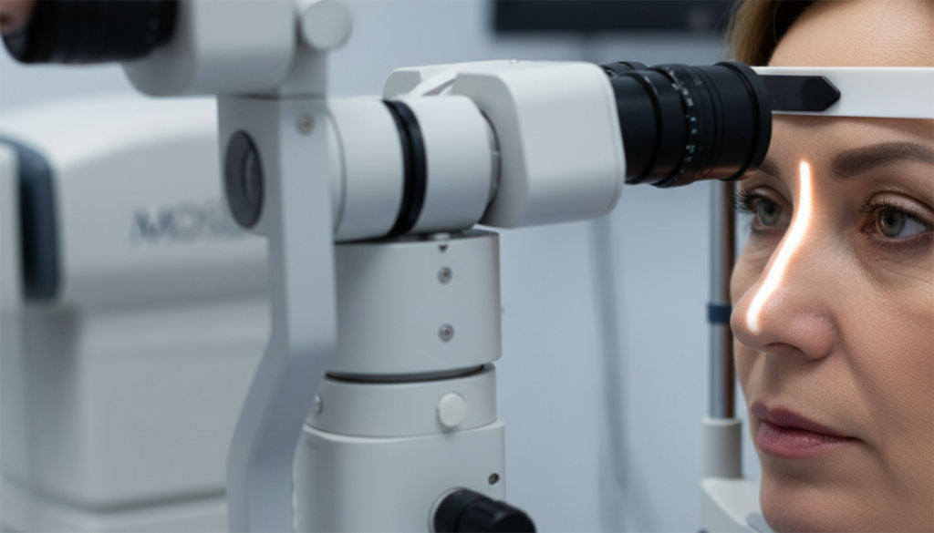 Глаза пациента при сильном увеличении во время проведения биомикроскопии на щелевой лампе