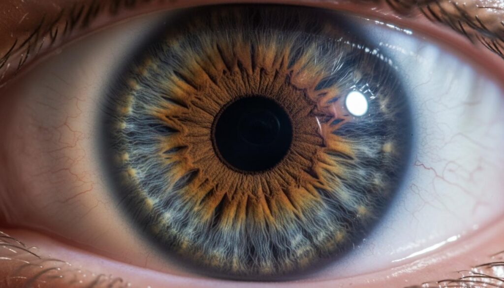 Макросъемка радужки человеческого глаза с детальным рисунком строения
