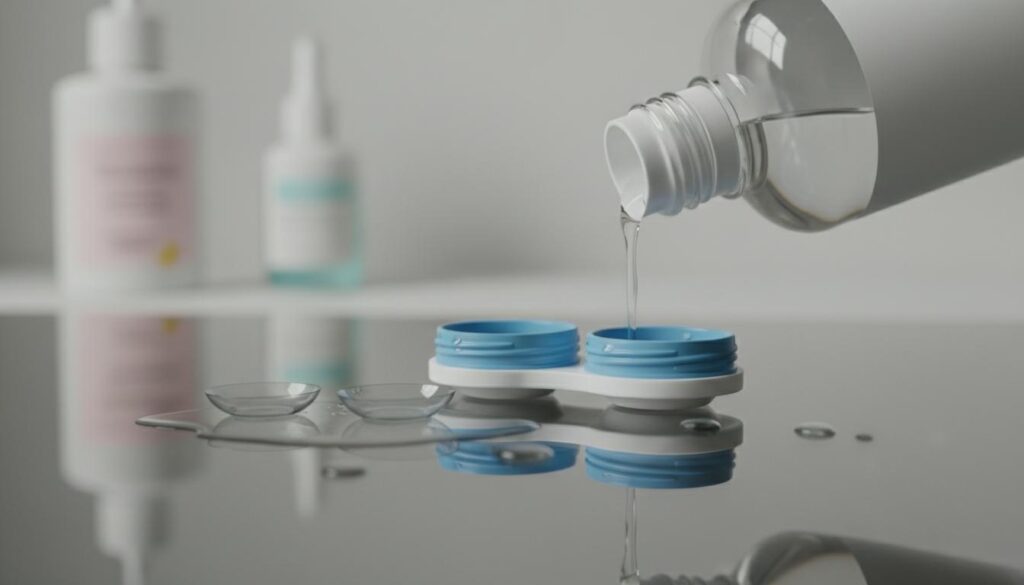 Струя раствора наливается из флакона в открытый голубой контейнер для линз