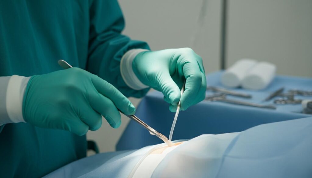 Хирург в зеленой форме и стерильных перчатках выполняет точный разрез скальпелем во время операции