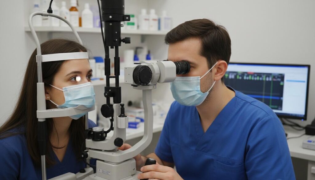 Врач-офтальмолог проводит осмотр пациентки с помощью щелевой лампы в клинике