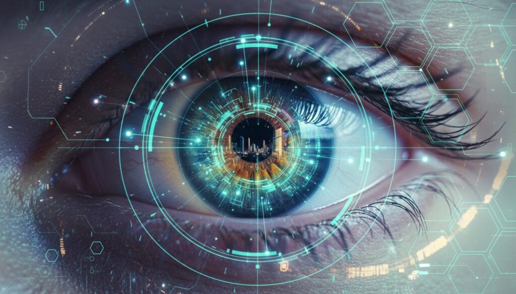 Цифровой интерфейс с голографическим изображением глаза и данными биометрии на фоне человеческого зрачка