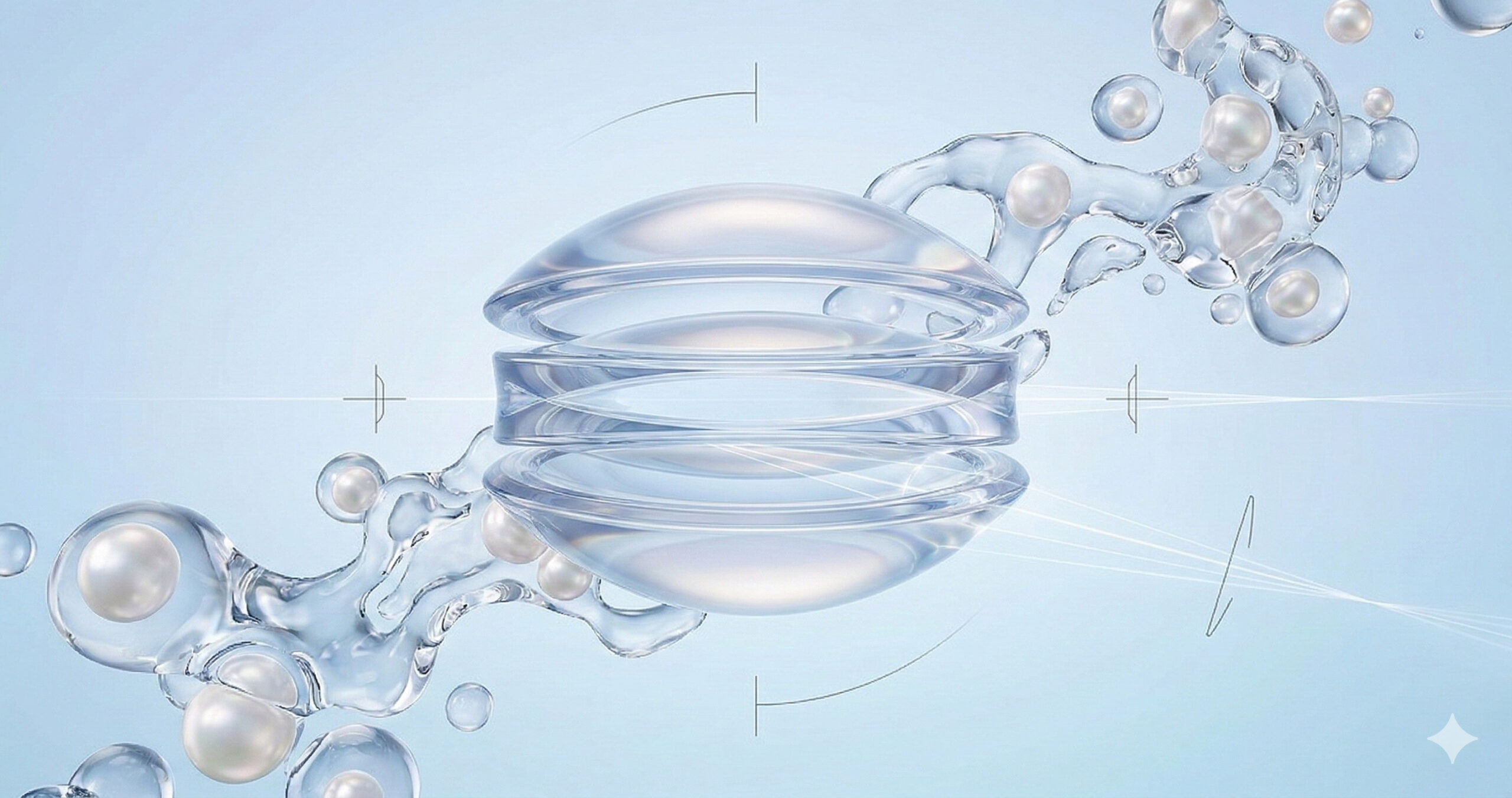 Многослойная склеральная линза в окружении капель воды и увлажняющего раствора на футуристическом фоне