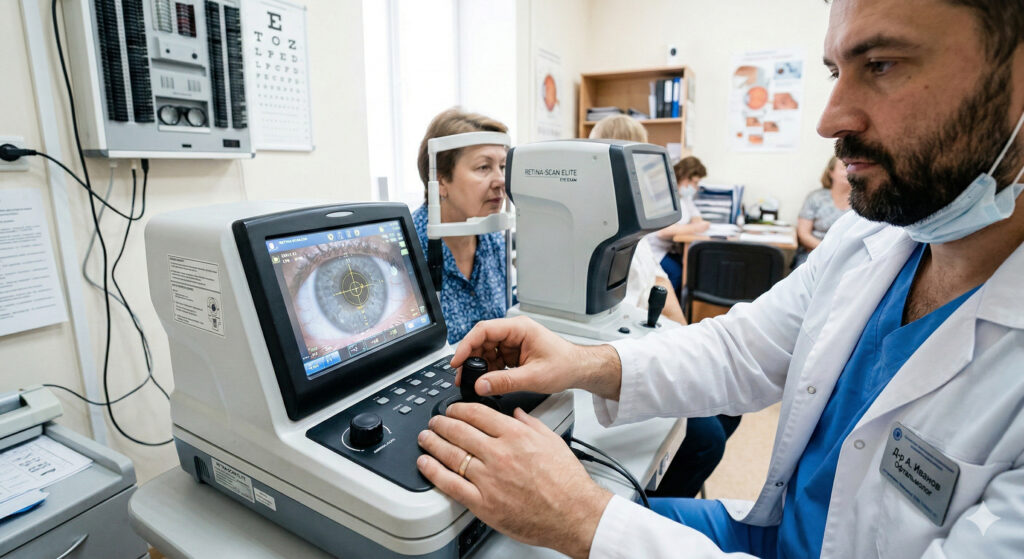 Врач-офтальмолог настраивает современный прибор для проведения оптической когерентной томографии (ОКТ) глаза пациента