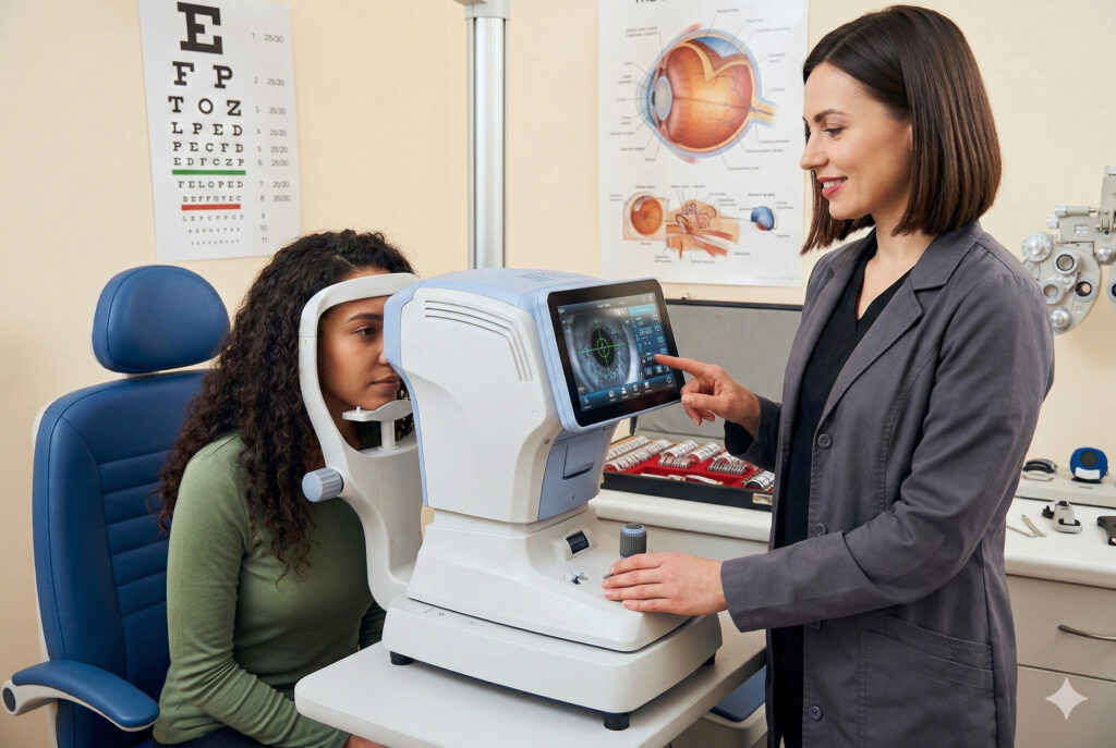Врач-офтальмолог проводит обследование пациента на современном авторефкератометре в диагностическом кабинете