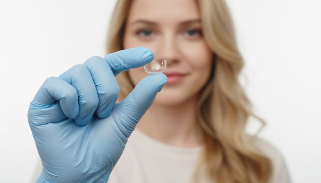 Хирург в медицинских перчатках держит прозрачный искусственный хрусталик на кончике пальца