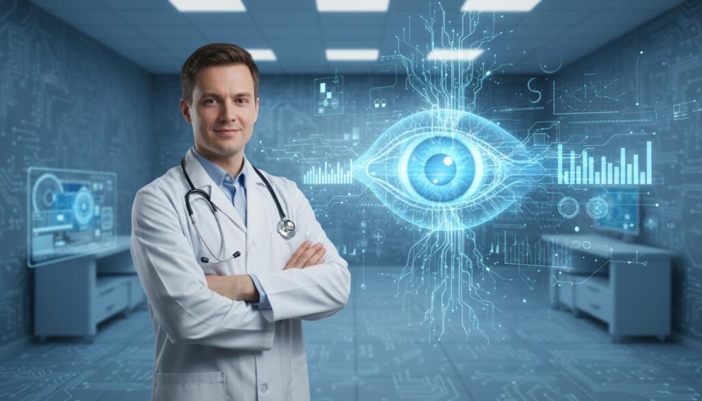Мужчина-врач в белом халате со стетоскопом на фоне высокотехнологичной цифровой проекции глаза и графиков