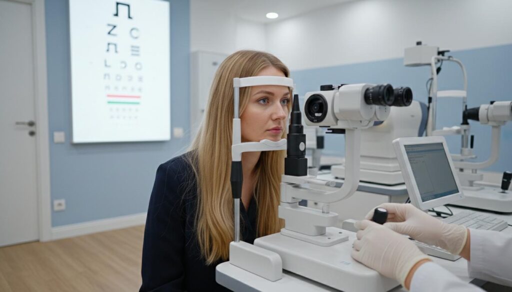 Девушка-пациент проходит диагностику зрения на оптическом когерентном томографе под руководством врача
