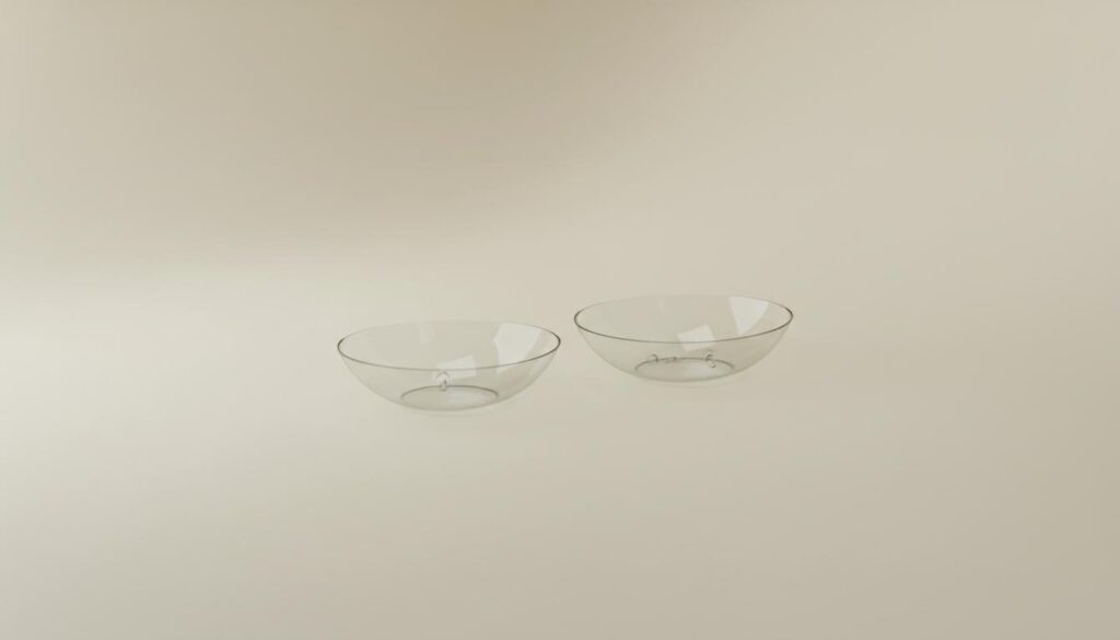 Две прозрачные жесткие контактные линзы на светлом однотонном фоне