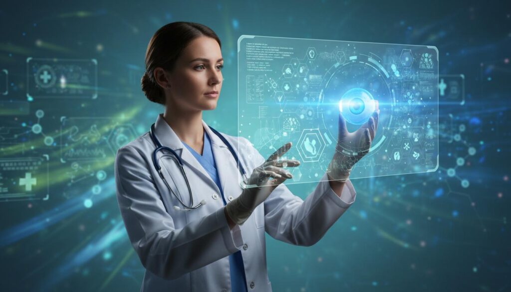 Цифровой интерфейс с 3D-моделью глаза и медицинскими данными в руках врача