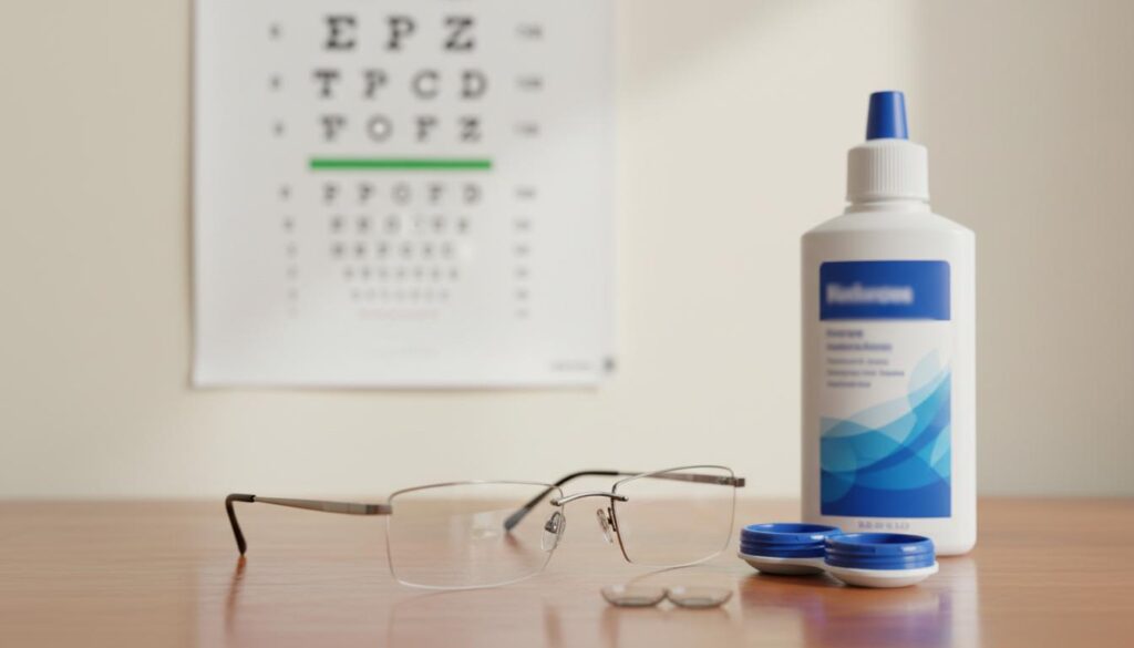 Очки, флакон раствора и контейнер для линз на столе на фоне таблицы для проверки зрения