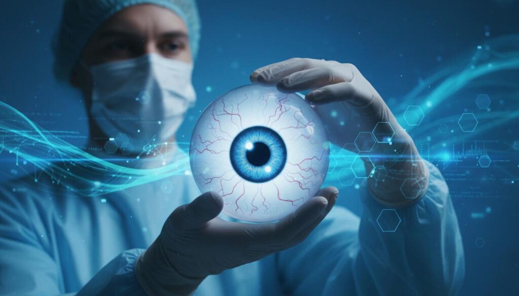 Футуристическая 3D-модель человеческого глаза в руках хирурга на фоне цифровых графиков