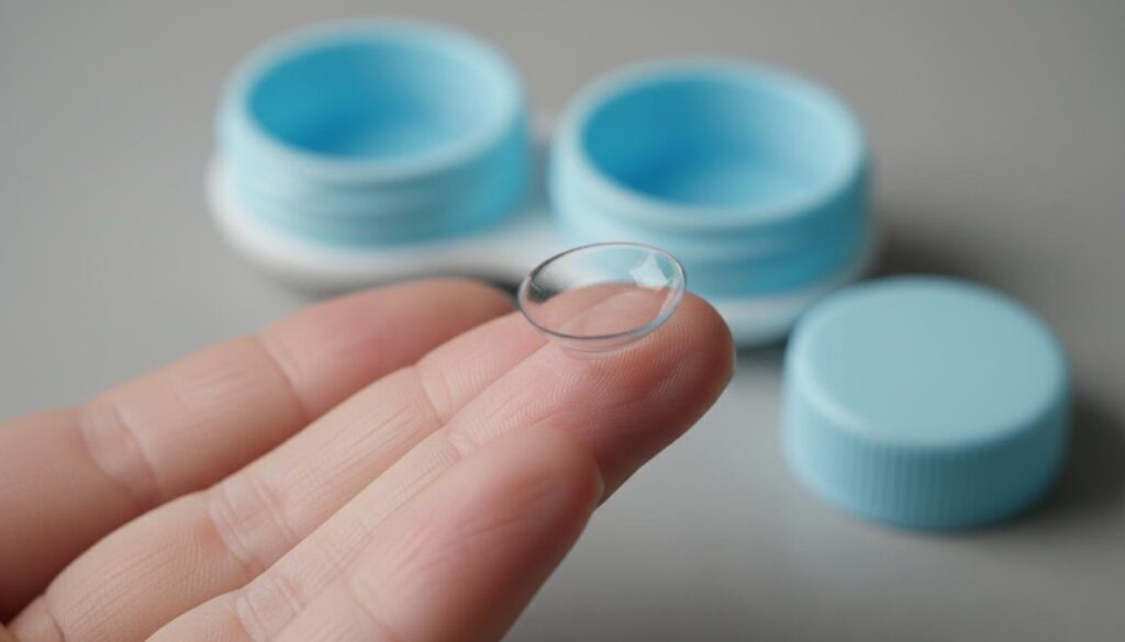 Прозрачная контактная линза на кончике пальца на фоне голубого контейнера